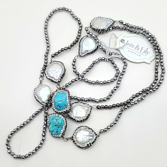$125 NWTS Iris & Lily London UK Freshwater Pearl & Enhanced Turquoise Beaded Nk - Picture 1 of 8